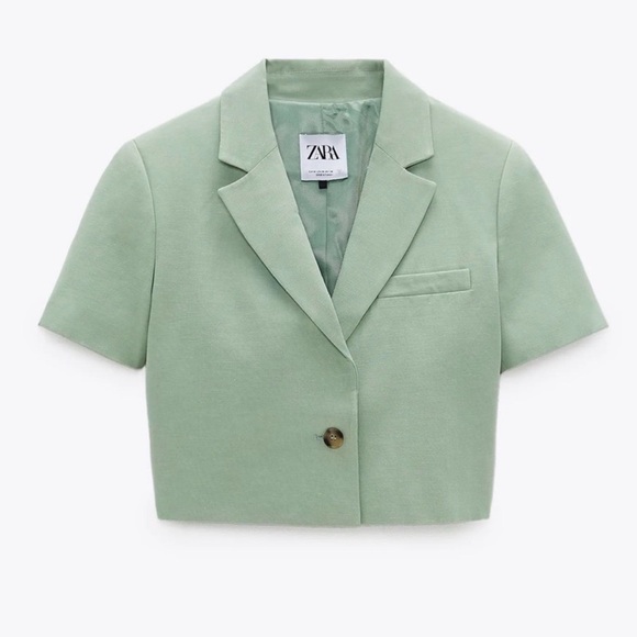 Zara Linen Blend Cropped Blazer Pistachio Green - Picture 2 of 6